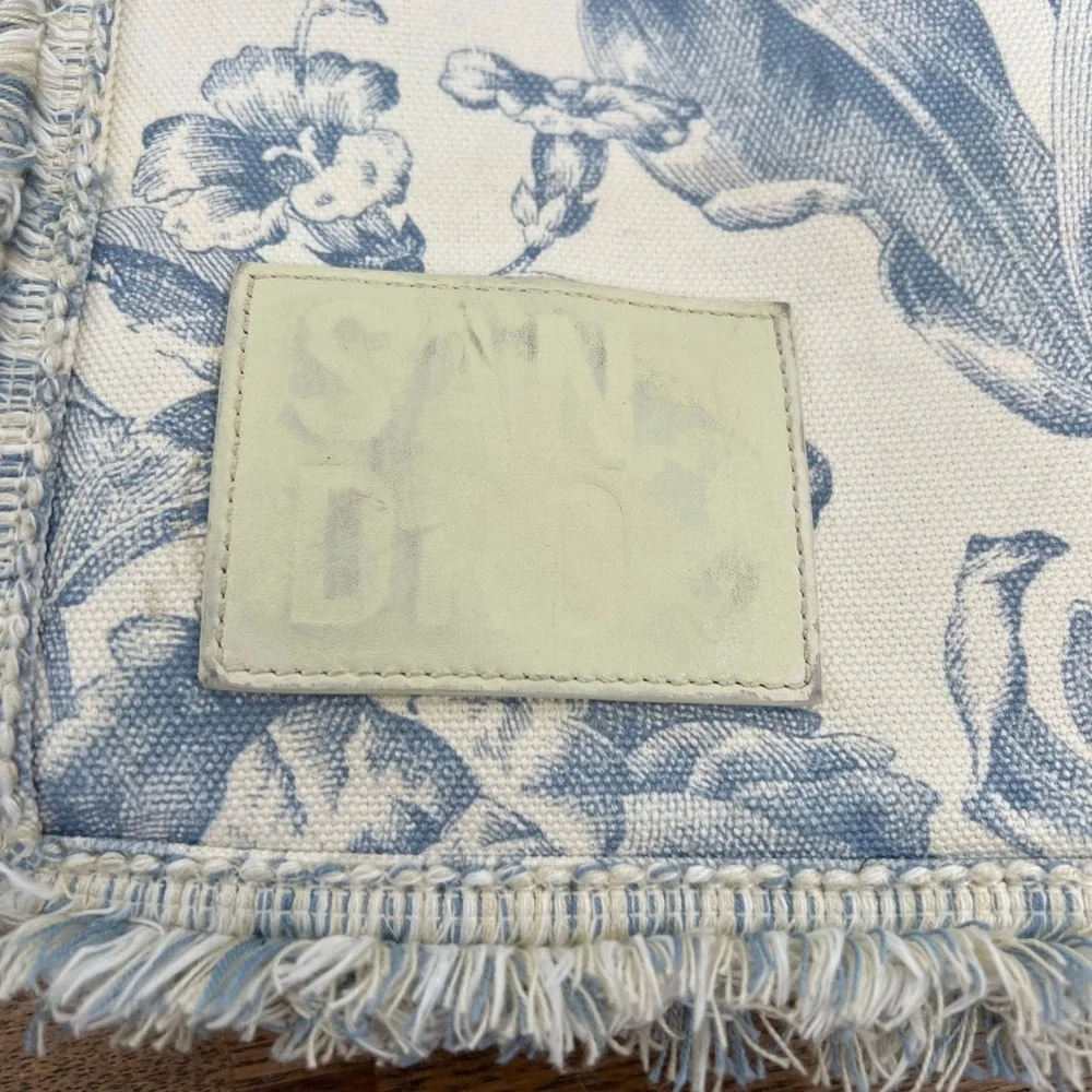 SANDRO Kabash Blue Floral Tote Bag Purse Fringe Hem Large Travel Canvas Designer - Picture 11 of 12